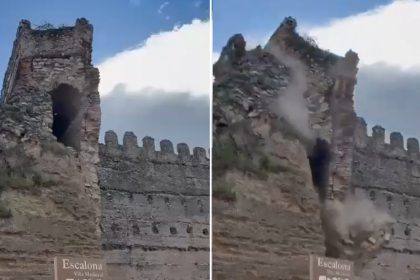 VIDEO: Instante en el que se derrumba la torre de un castillo en España