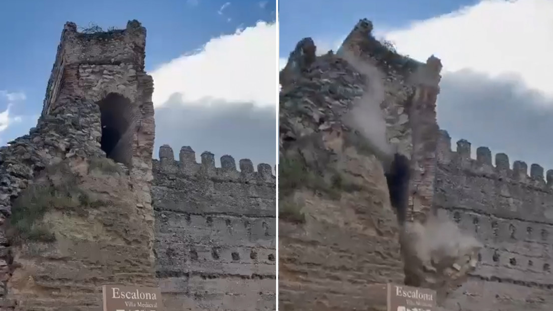 VIDEO: Instante en el que se derrumba la torre de un castillo en España