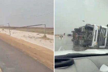 VIDEO: Camiones volcados y líneas eléctricas caídas tras una tormenta en Arabia Saudita
