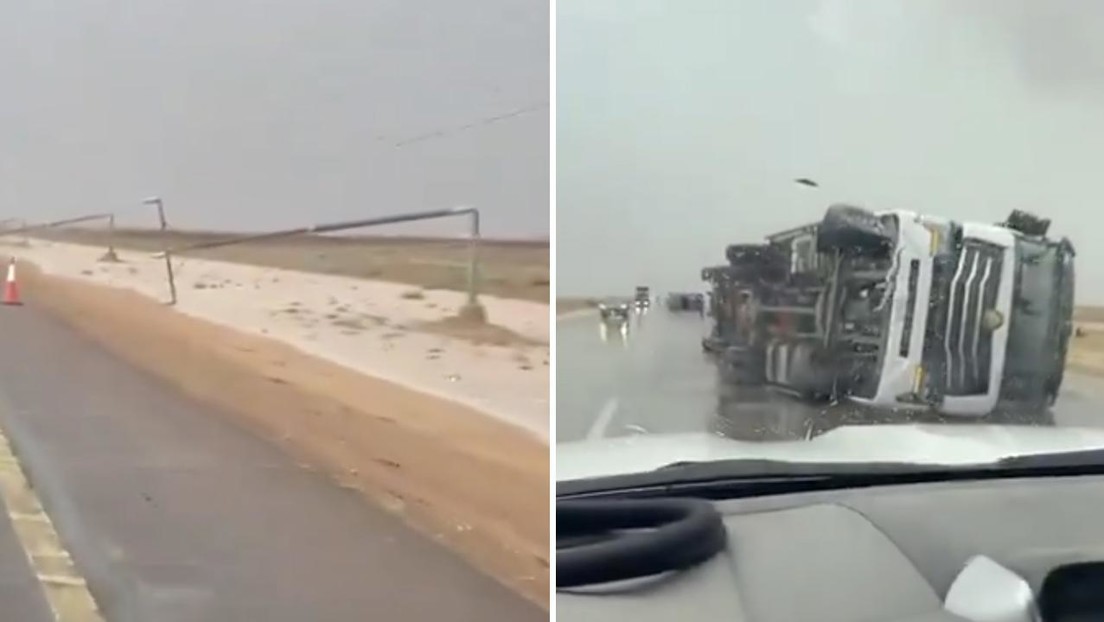VIDEO: Camiones volcados y líneas eléctricas caídas tras una tormenta en Arabia Saudita