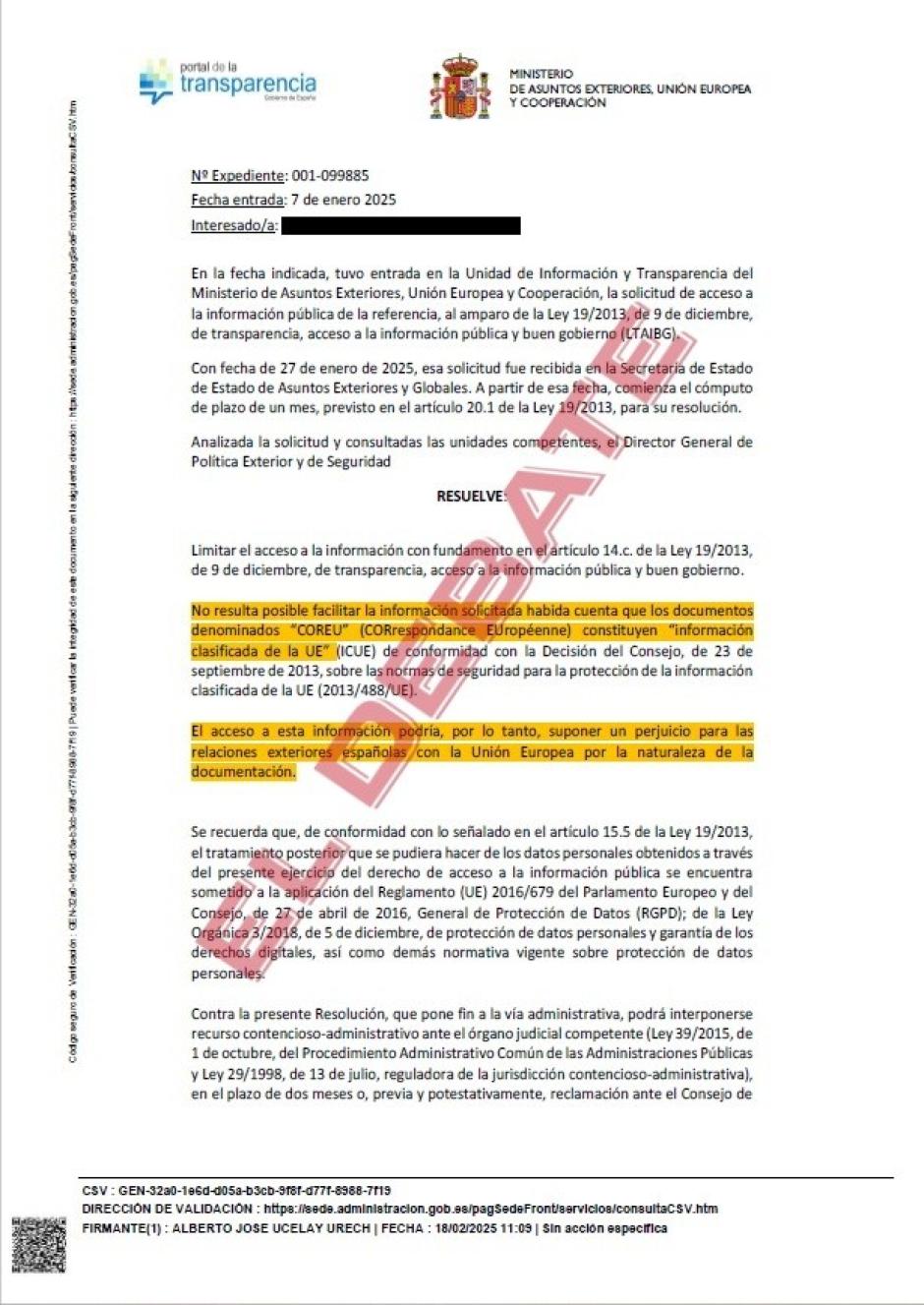 Resolución del Ministerio de Exteriores del 18 de febrero de 2025 sobre la llegada de Delcy