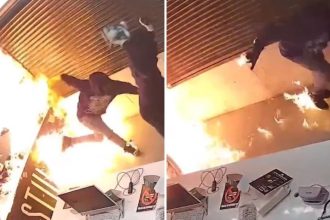 VIDEO: Ladrones roban e incendian una tienda y terminan envueltos en llamas
