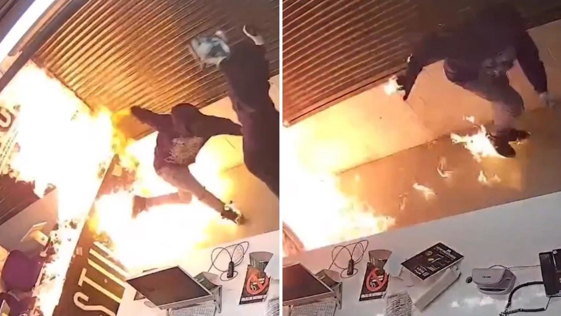 VIDEO: Ladrones roban e incendian una tienda y terminan envueltos en llamas