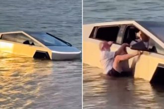 Decide 'tirarse' en Tesla a un lago y acaba así (VIDEO)