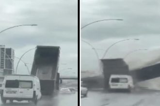 Inesperado encontronazo entre un camión y un puente (VIDEO)