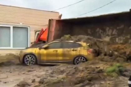 VIDEO: Camión de estiércol vuelca sobre un BMW dorado