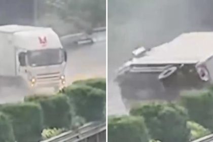Camión hace un giro 'imposible' en carretera china (VIDEO)