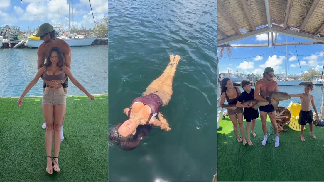 'Influencer' utiliza a una modelo como 'flotador humano' para pescar un tiburón (VIDEO)