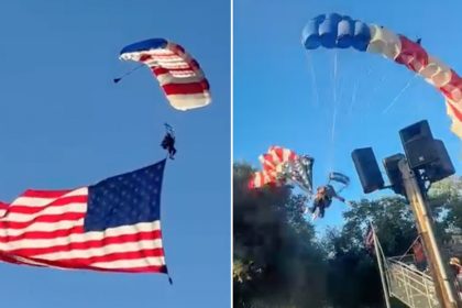 VIDEO: Accidentado aterrizaje de un paracaidista con una enorme bandera de EE.UU.