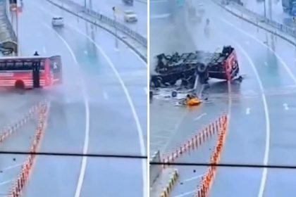 VIDEOS: Autobús con pasajeros pierde el control en plena lluvia y sufre aparatoso accidente