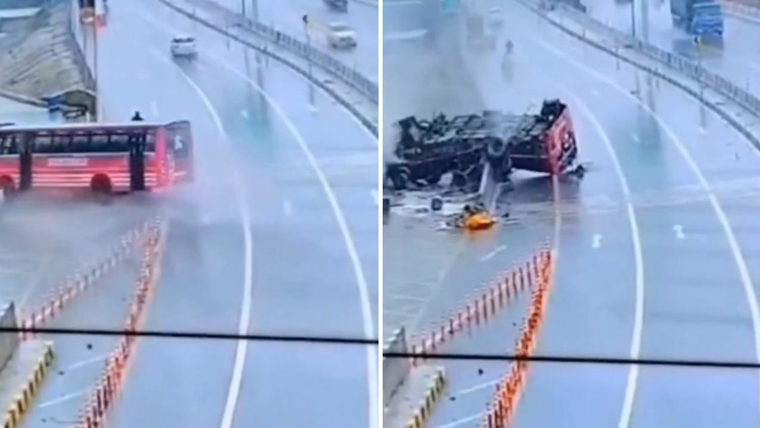 VIDEOS: Autobús con pasajeros pierde el control en plena lluvia y sufre aparatoso accidente
