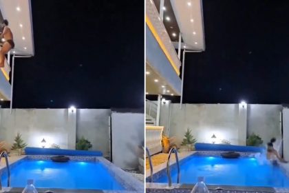 VIDEO: Arriesgado salto a la piscina desde el balcón casi termina en tragedia