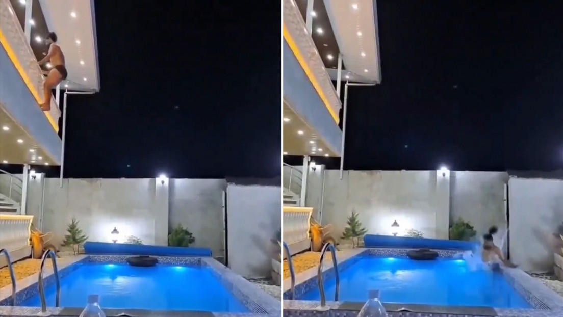 VIDEO: Arriesgado salto a la piscina desde el balcón casi termina en tragedia